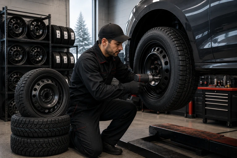 Steel winter wheels mounted on a vehicle